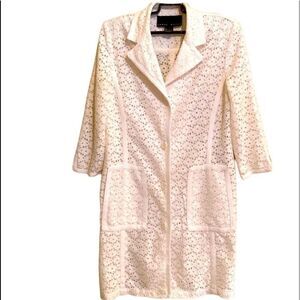 Y2K White Eyelet Lace‎ Trench Coat Yansi Fugel Cotton Coat Cottage Feminine Chic